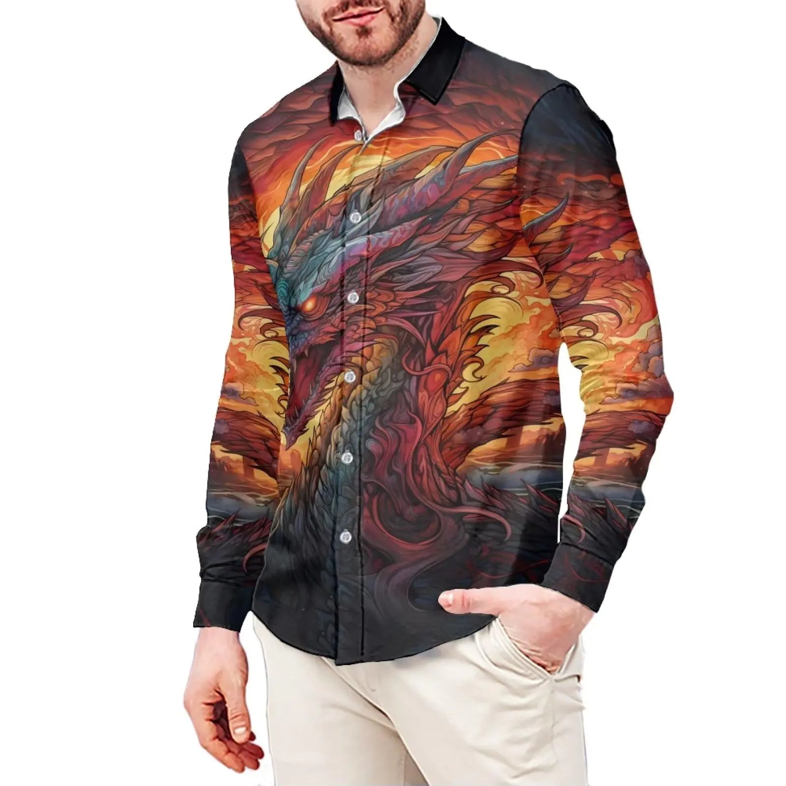 Xhuibop Cool Dragon Mens Button Down Shirts Oversized Button Up Shirts for Men Slim Fit Big and Tall Fall Clothing Casual Dress Shirts 5X-Large Long Sleeve Hawaiian Shirt