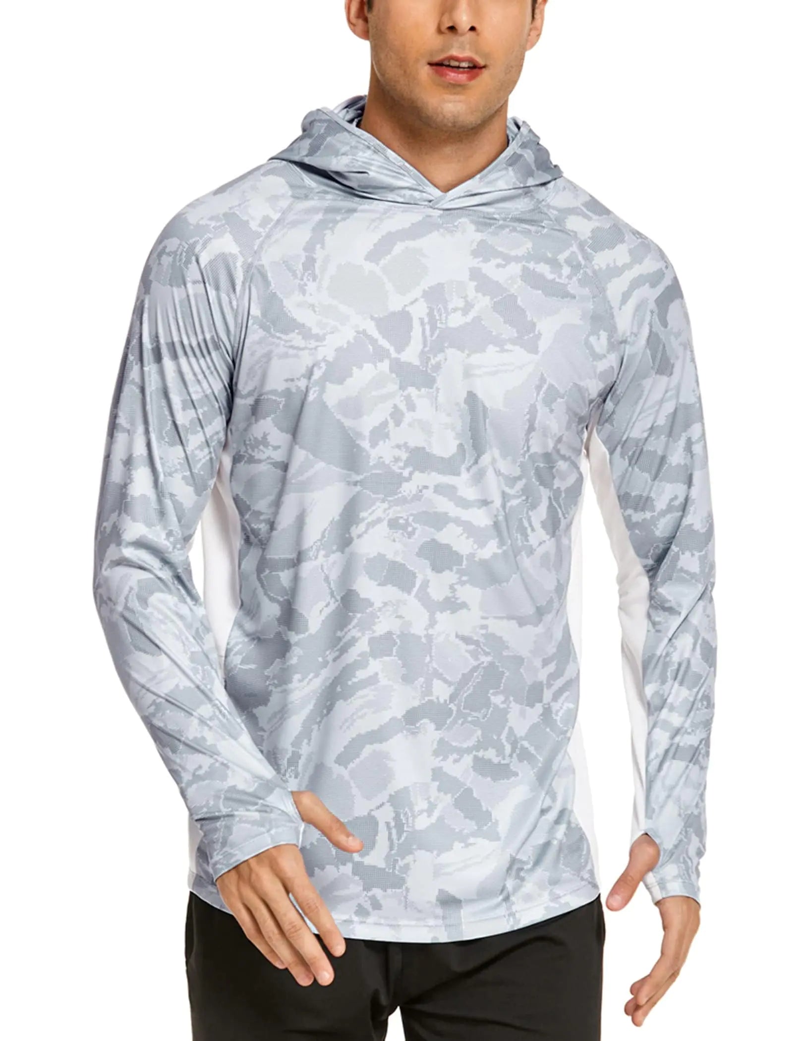 COOrun Mens Hooded Sun Shirts with Mask Fishing Shirts for Men Long Sleeve UPF 50 Rash Guards Cooling Hoodies Hiking Shirts Grey