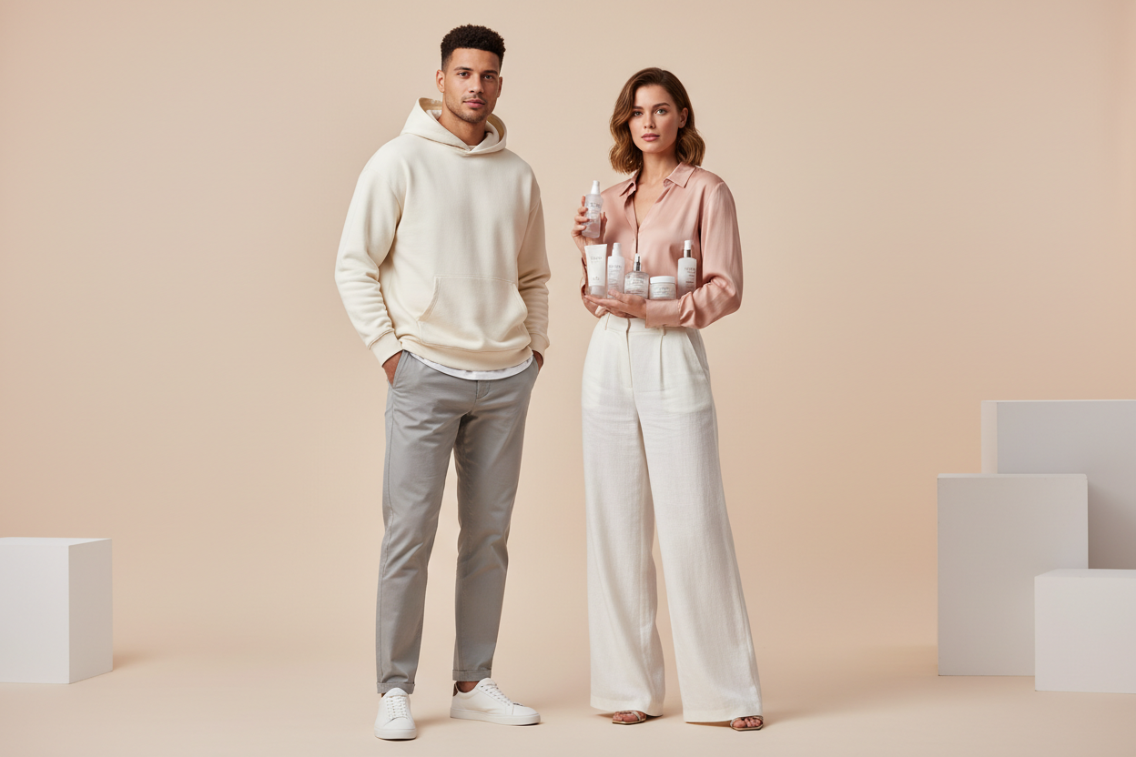 a guy with modern clothing posing and a girl with modern clothing holding beauty skin care products posing